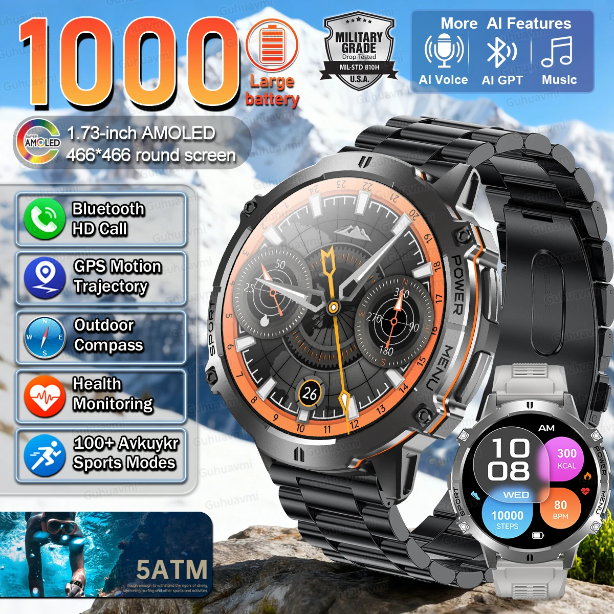 

Outdoor Men Sport Smartwatch High EndWatch Waterproof Durable X3 1000mAh Large Battery Bluetooth Call AI dial Smart Watches iOS