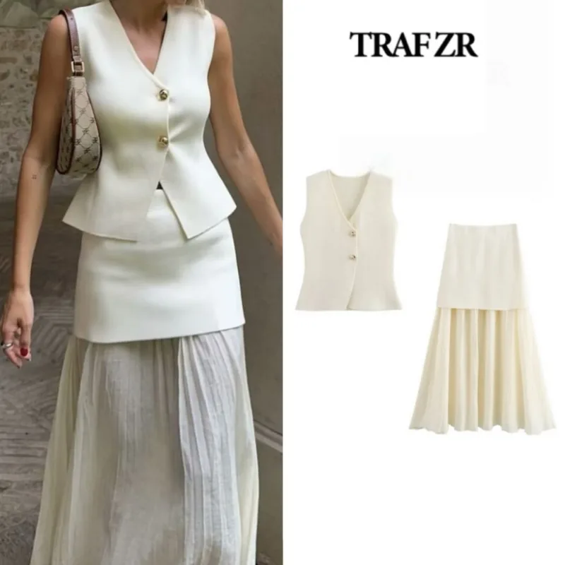 TRAF ZR Knit Set Party Dresses Holiday Sets for Women 2 Pieces Women\'s Midi Skirt Outfit summer Korean Style Two Piece Sets