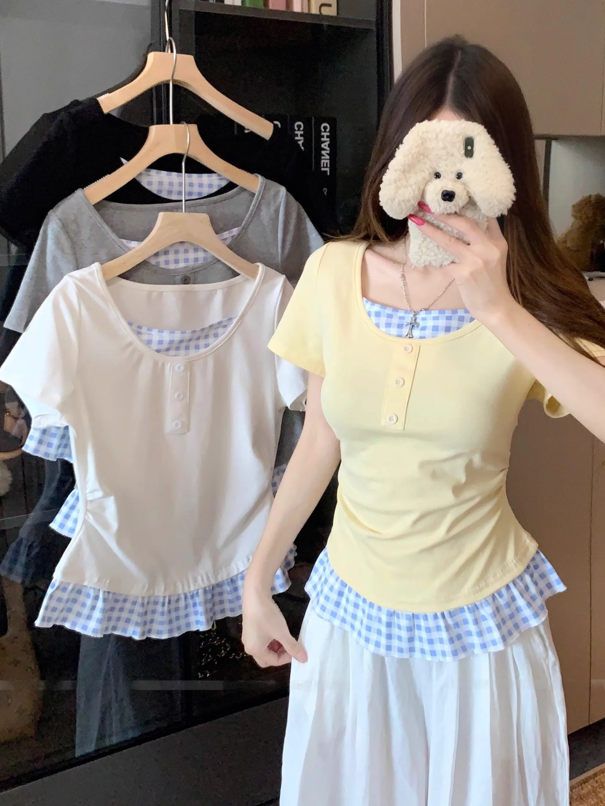 

Korean Sle Plaid ort Sve T-irt Women Summer plus Size Design Sense Fake Two-Piece oulder Trendy Top Cotton Sweet S...