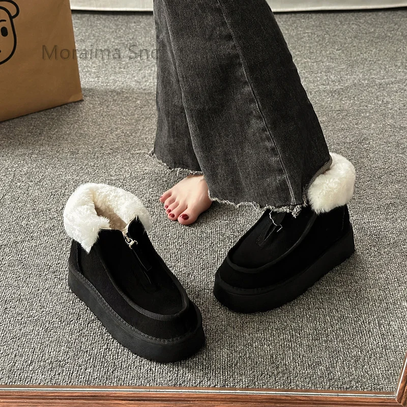 Fur Warm Snow Boots for Women Thick Sole Front Zipper Ankle Boots Women's Plush Winter Boots Turned Over Edge Cotton Shoes