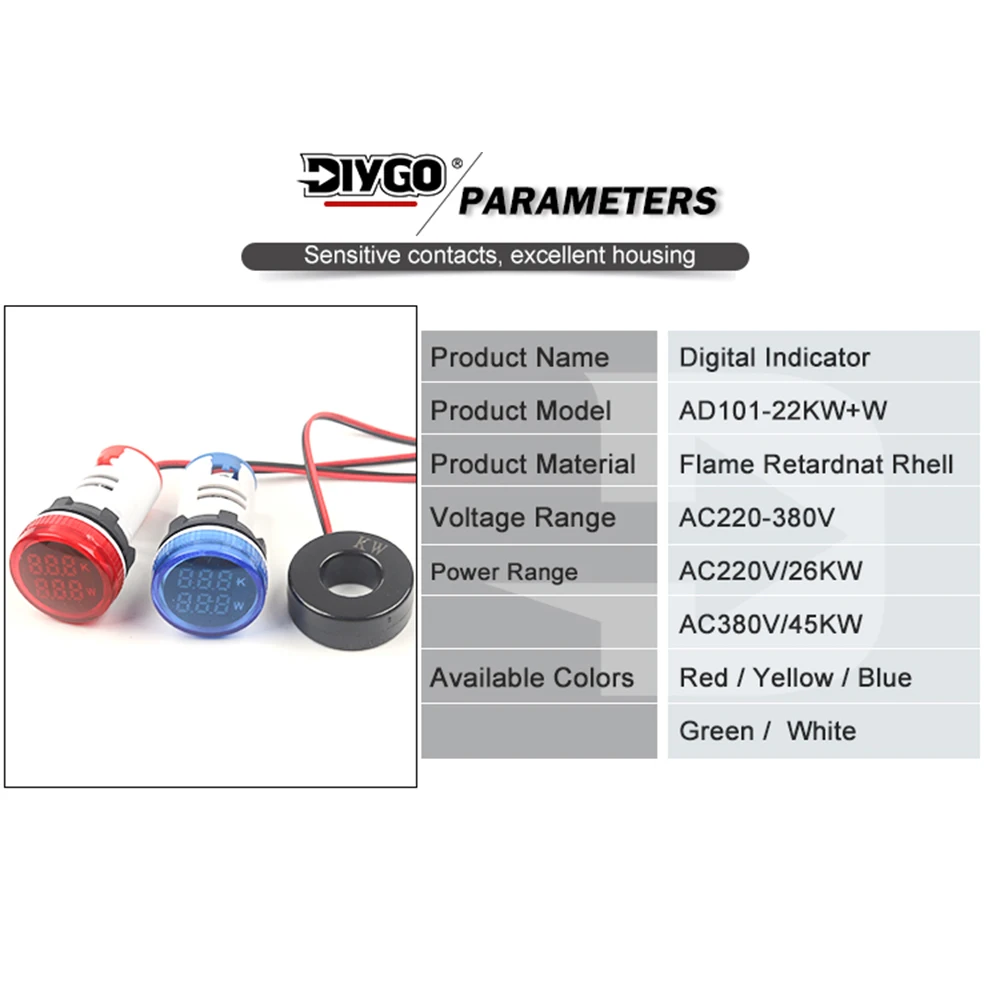 22mm AD101-22KW+W Mini Power Tester Meter Led Dual Digital Display Power Indicator Frequency Meter Indicator Signal Lights