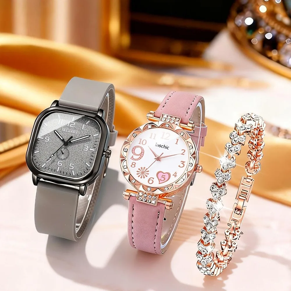 3pcs Watch Set, Square Silicone Watch +Pink Women's Watch & Rhinestone Bracelet Set - Quartz Movement, Fashion Wristwatch