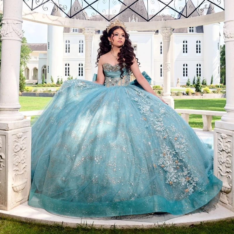 Glitter Water Blue Quinceanera Dresses Ball Gown Applique Lace Beaded Crystal Tiered Corset Sweet 16 Dress Vestidos De 15 Anos