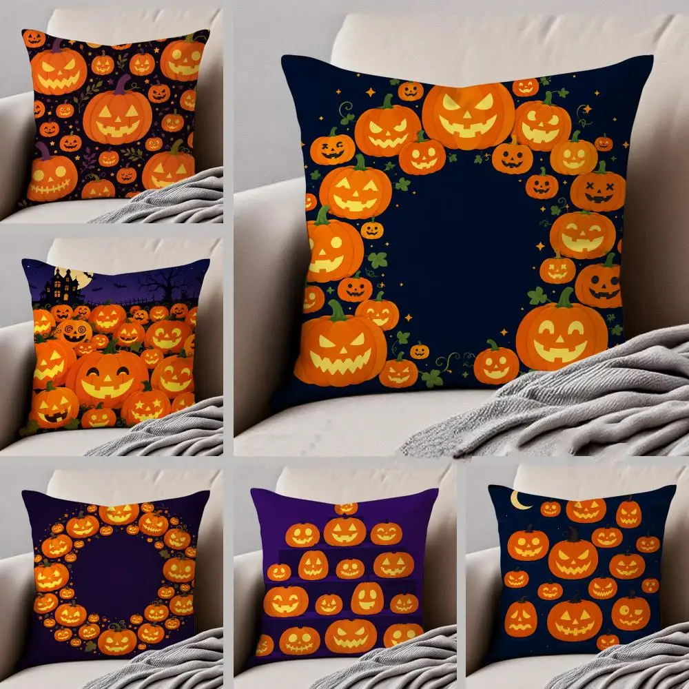 Halloween Pumpkin Lantern Array Cushion Cover Throw Pillow Cover Hidden Button Durable Polyester Chair Cushion