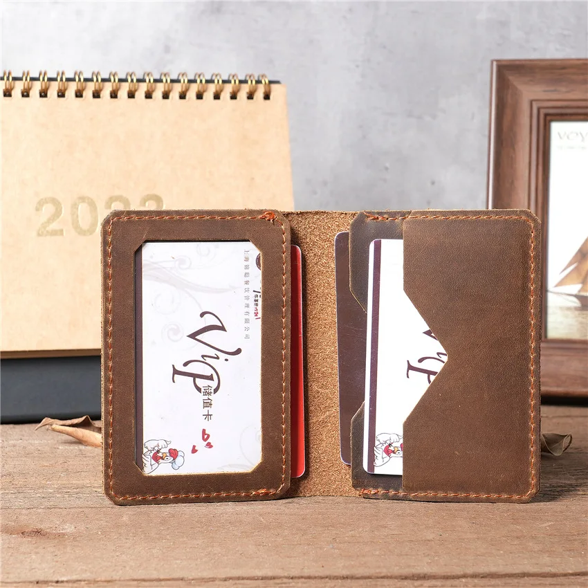 Vintege Wallet Crazy Horse Leather Men's Bag Real Cow Pickup Bag Simple Retro ID Card Driver's License Card Bag