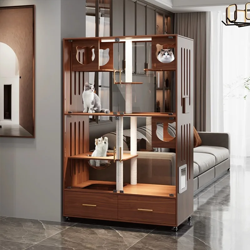 Solid wood cat villa home indoor house  cage high-end lighting panoramic luxury litter box with toilet integrated