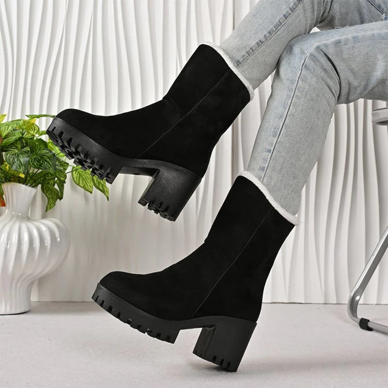 سميكة عالية الكعب الثلوج أحذية للنساء منصة صوف مبطن الدافئة حذاء من الجلد امرأة السببية جولة تو فو الجلد المدبوغ Zapatos Mujer #3