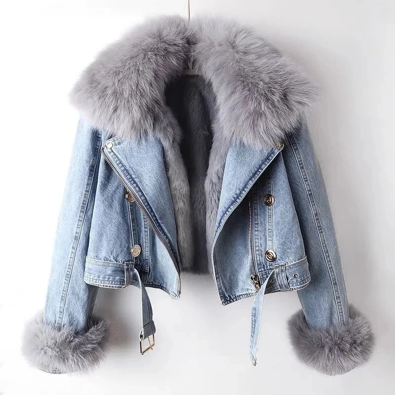 2023 Autumn Winter New Detachable Imitation Fox Mao Xiaotu Wool Liner Denim Jacket Women's Overcoat Short Tops Loose Overcome