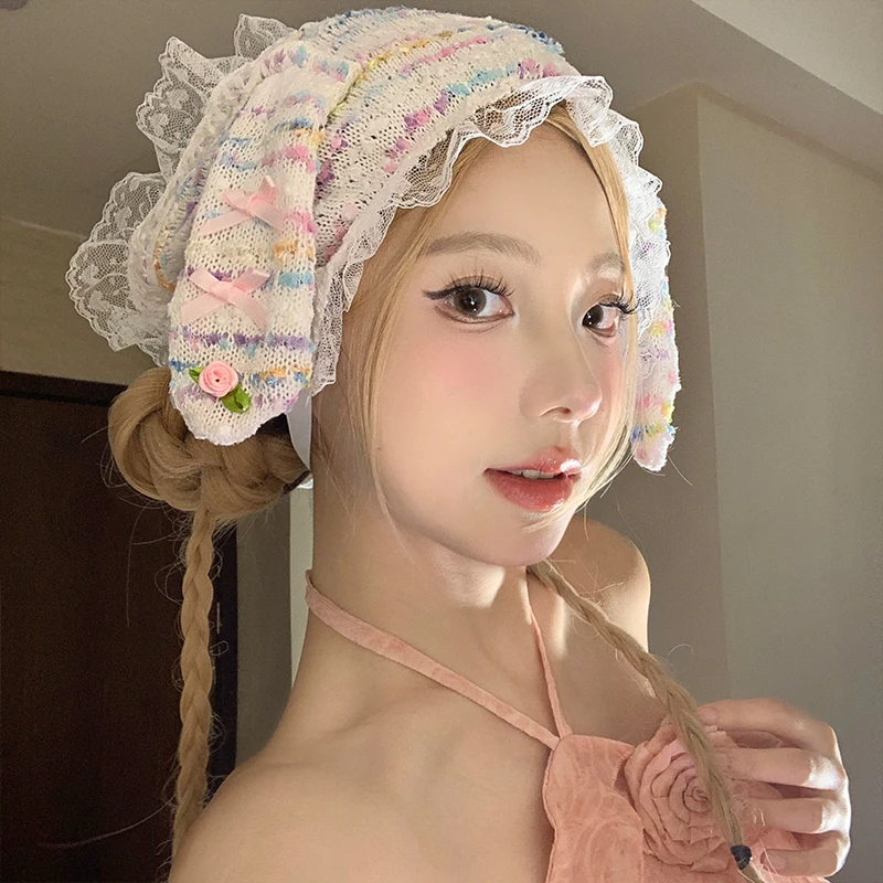 Y2K Colorful Dot Knitted Rabbit Ears Bow Strap Hair Scarf for Women Summer Outing Versatile Babes Sweet Lace Headscarf