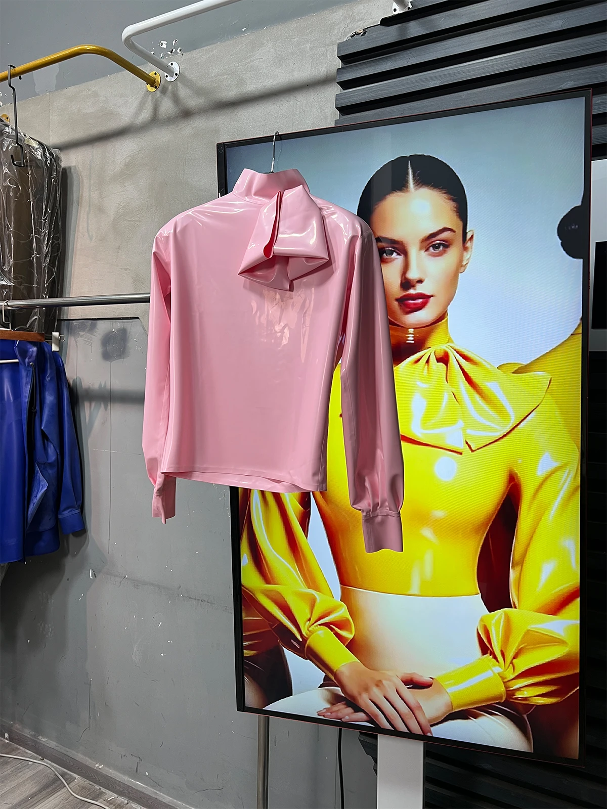 Glossy Long Sleeve Crop Top with Large Bow Tie High Neck Wet Look Shirt for Cosplay Party