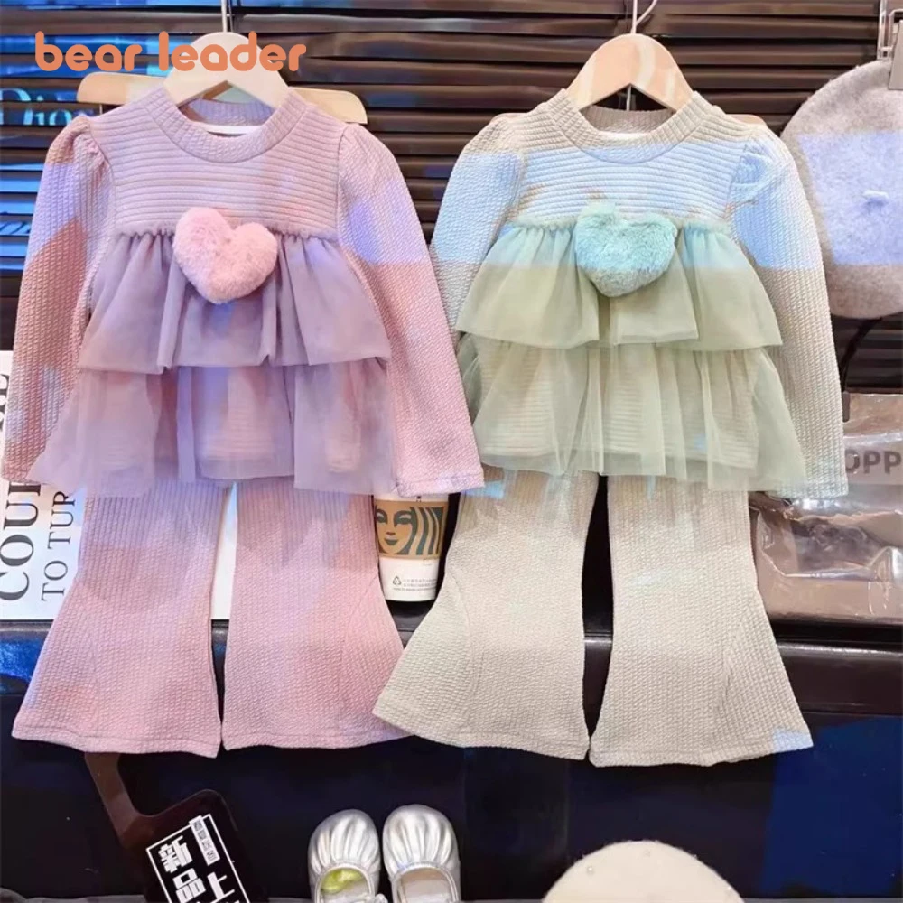 Bear Leader Korean Children's Clothing Autumn Long Sleeved Baby Girl Clothes 3D Love Splicing Mesh Top+Flared Pants 2-piece Set