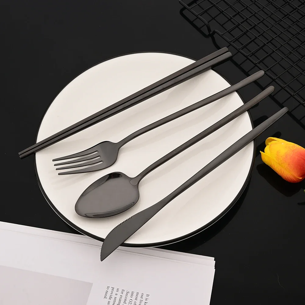 Korean 12Pcs Tableware Set High Quality Stainless Steel Dinner Set White Gold Dinnerware Fork Spoon Chopsticks Cutlery Set