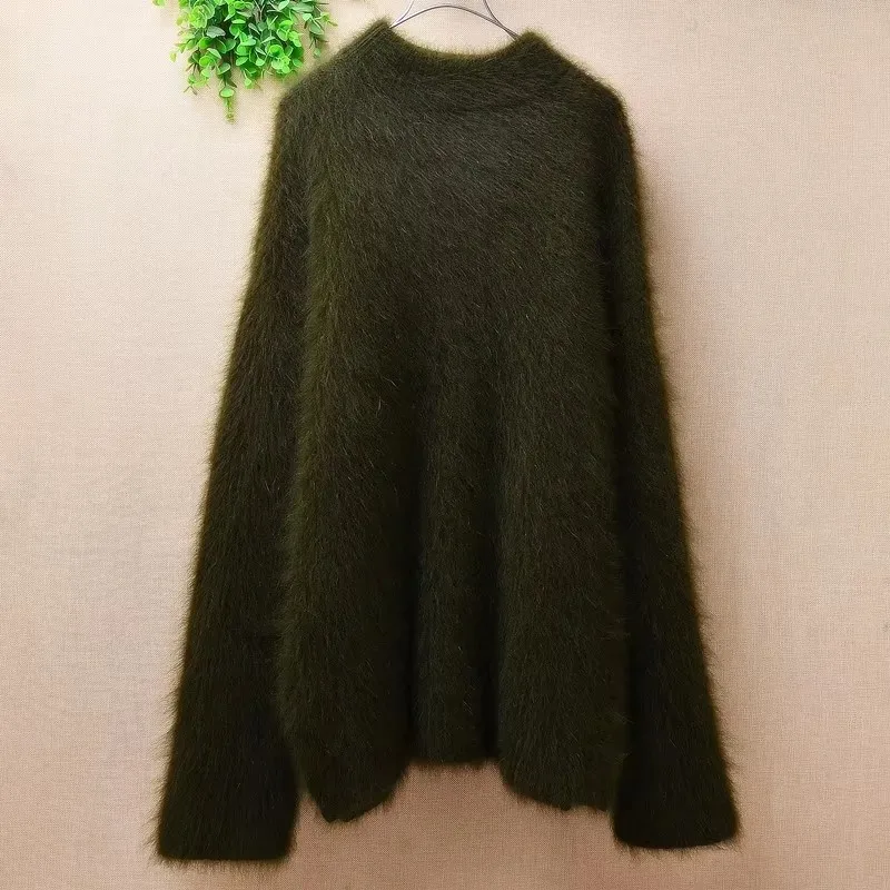 สุภาพสตรีผู้หญิงฤดูใบไม้ร่วงฤดูหนาวเสื้อผ้าลาย Hairy Angora กระต่ายผมถัก O-คอยาวแขนยาวหลวมเสื้อกันหนาว