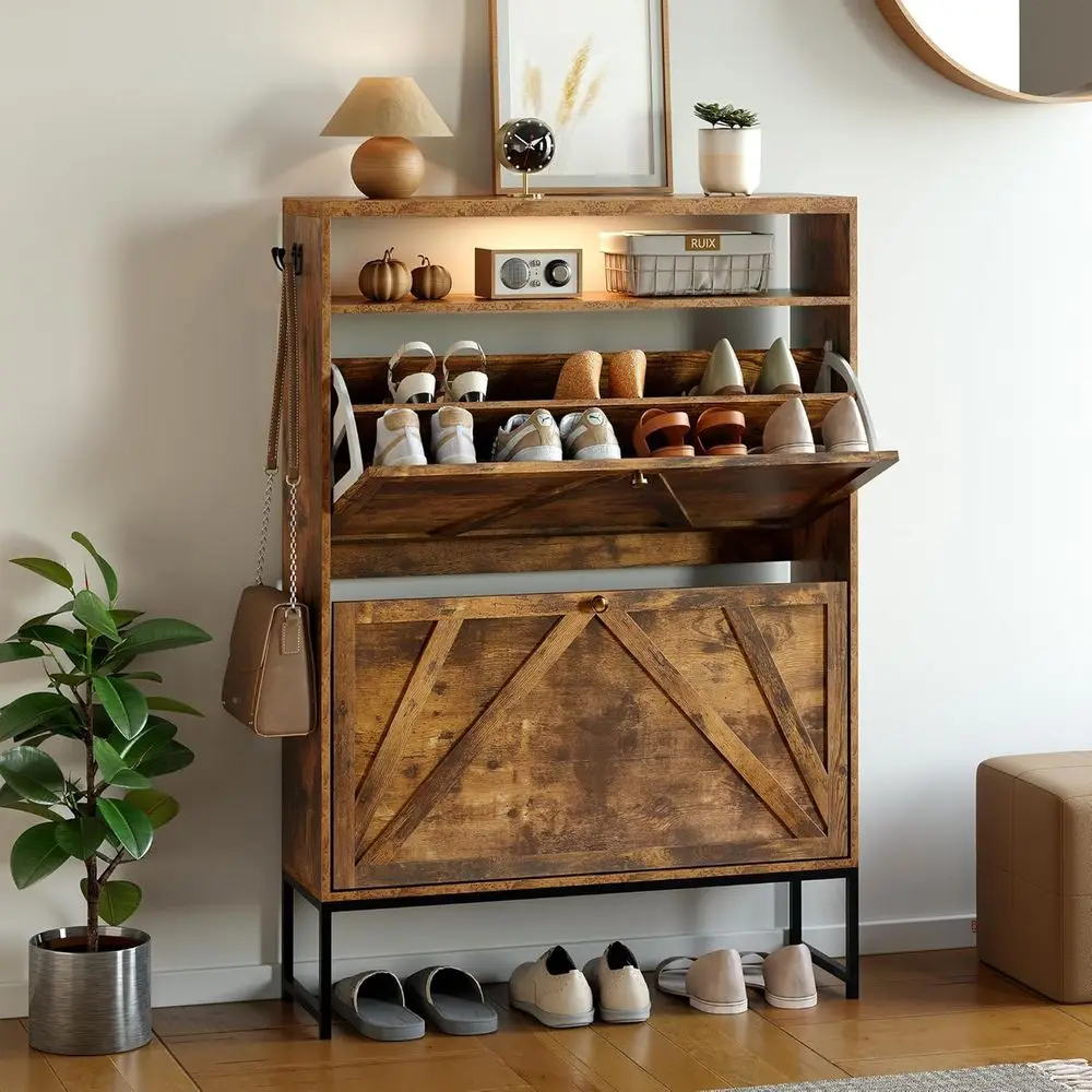 

Freestanding Shoe Storage Cabinet with Open Shelves and Hooks, Rustic Brown