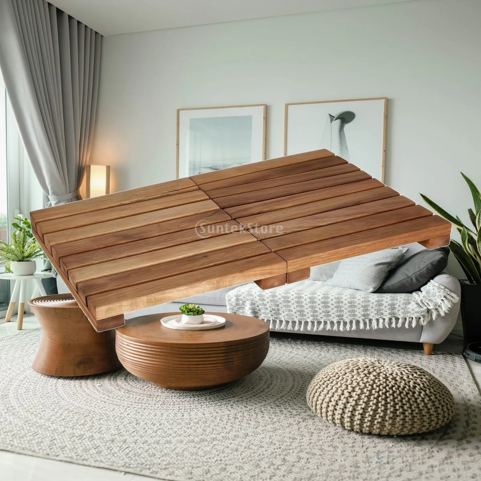 Foldable Wooden Bathroom Mat Easy to Clean Slatted Solid Wood Bath Mat Water-Resistant Fast-Draining for Bathtub, Spa