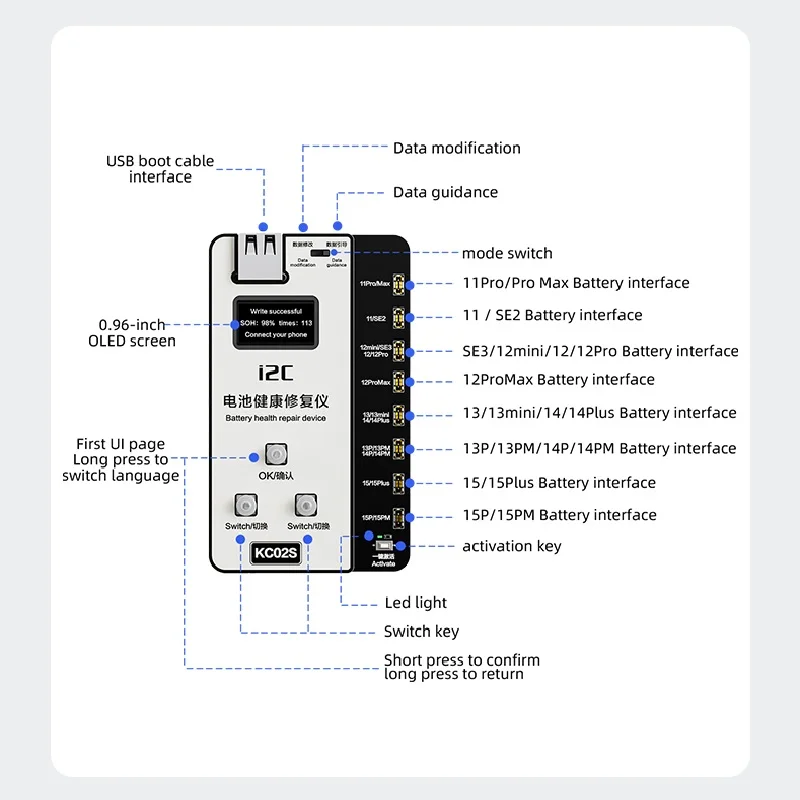 

I2C KC02S Инструмент для ремонта здоровья батареи для iPhone 11-15 Pro Max Модифицирует эффективность данных батареи в 100%