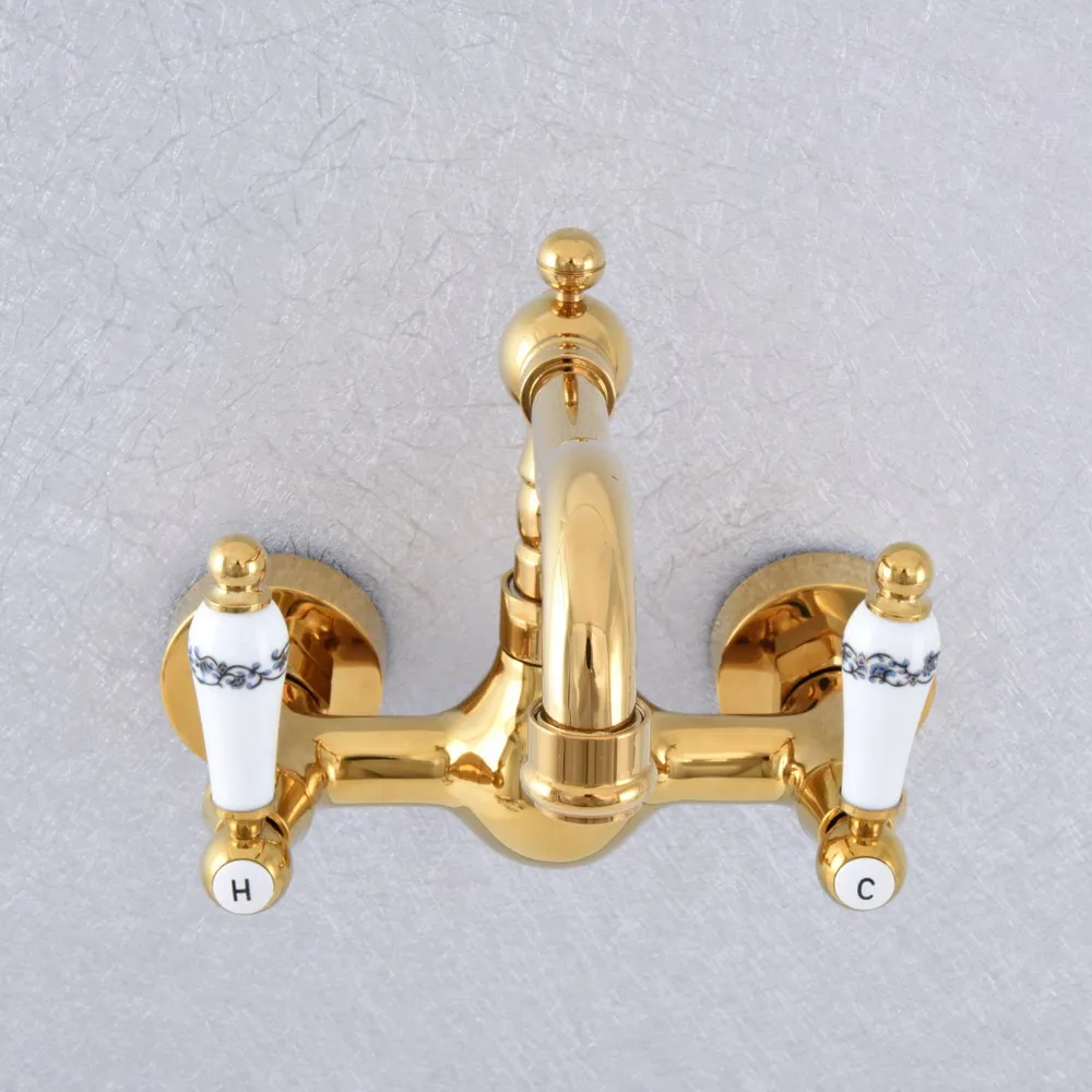 Polished Gold Color Brass Wall Mounted Double Handles Bathroom Kitchen Sink Faucet Mixer Tap Swivel Spout asf609