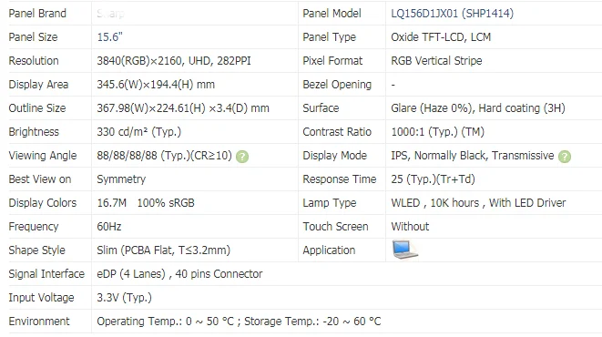Imagem -04 - Lcd Tela 15.6 Polegada 4k Lcd Resolução 3840x2160 Led Painel Lcd 4k Uhd Lcd Lq156d1jx01 Lq156d1jx01b