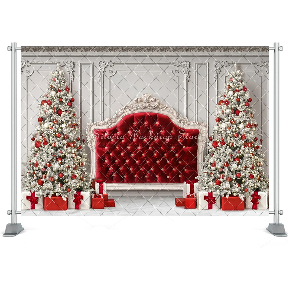 Crimson Christmas Headboard Photography Backdrops Adult Kid Portrait Photocall Background Red Xmas Tree Decor Photo Studio Props