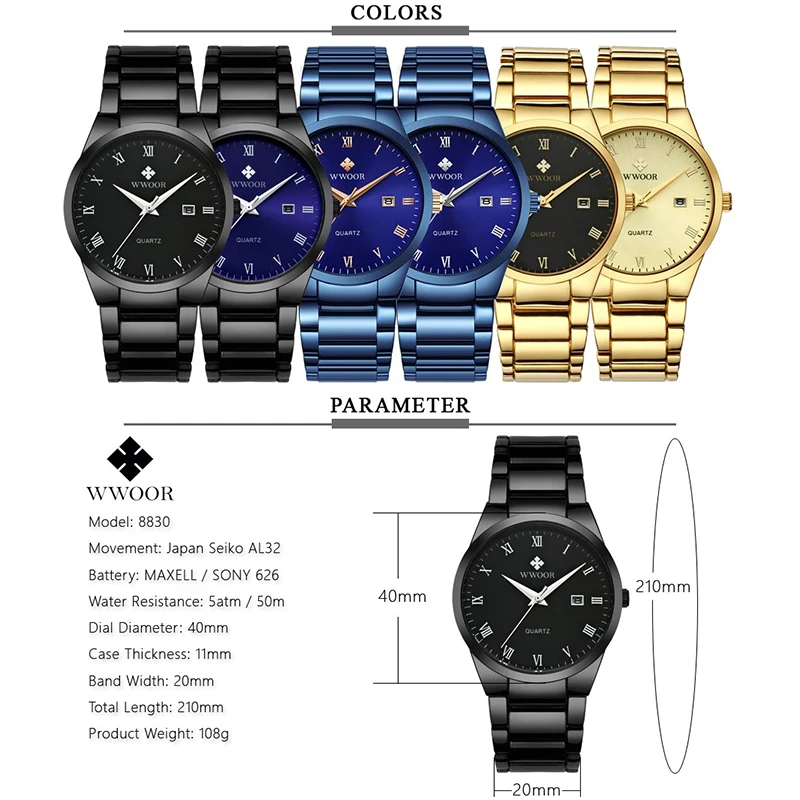 WWOOR Top Stainless Steel Black Men Watch Fashion Simple Men Quartz Wristwatch Waterproof Calendar Watch Male Clock Reloj Hombre