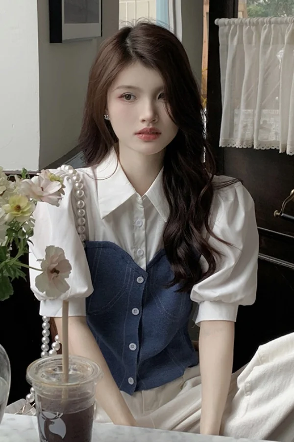 

Shirts Women Organza Short Sleeve Ruffle Collar Trapeze Fit Charity Banquet Fairytale Blouse For Dreamy Women Magical Events