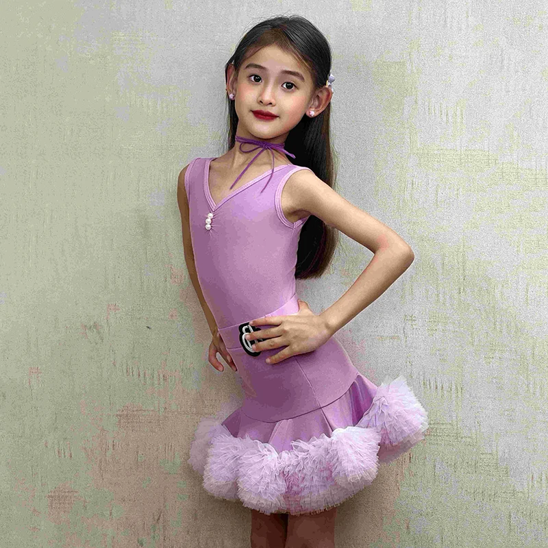 2025 Latin Danskostuum Voor Kinderen Prestaties Kleding Meisjes Tango Salsa Podiumoutfits Paars Mouwloze Oefenset XH 2910