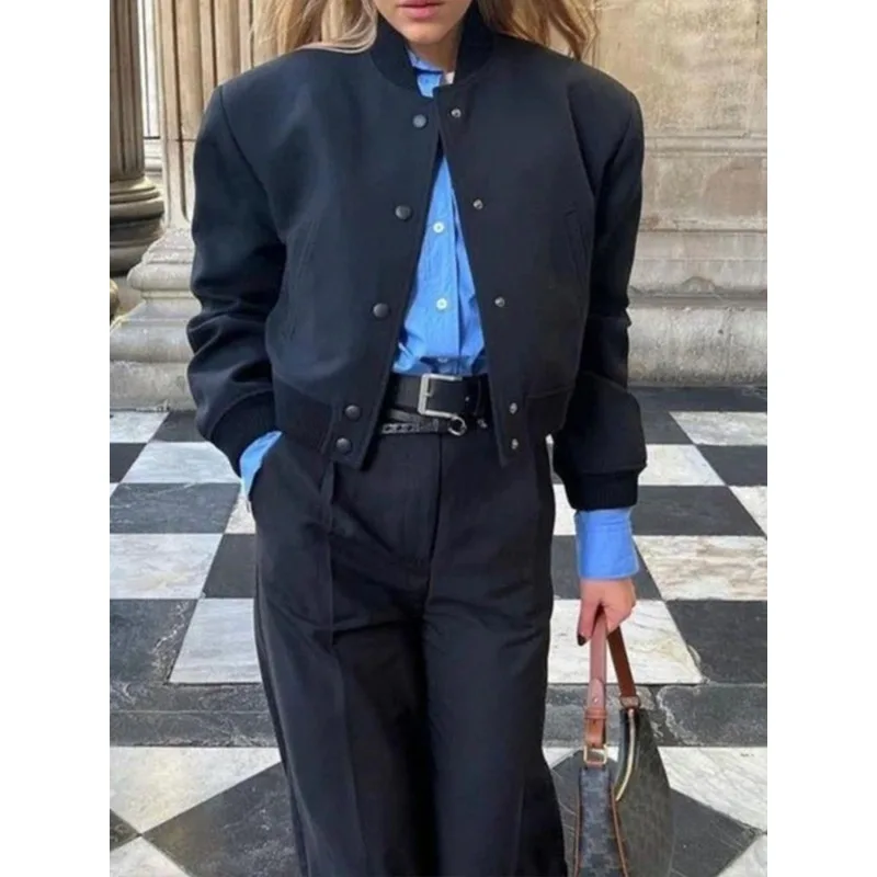 

Tinaa Navu Blue Jackets for Women 2025 Straight Baseball Collar Long Sleeve Single Breasted Pockets Casual Overcoat 190987