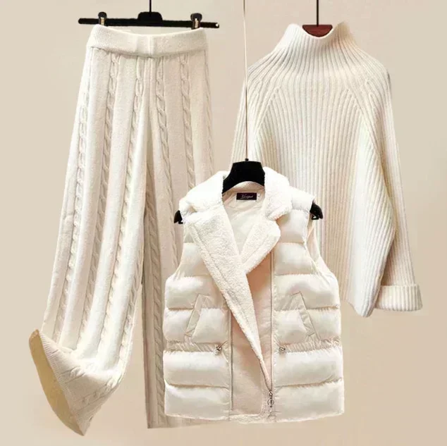 Three piece set women's winter patchwork vest jacket sweater thickened plush straight pants