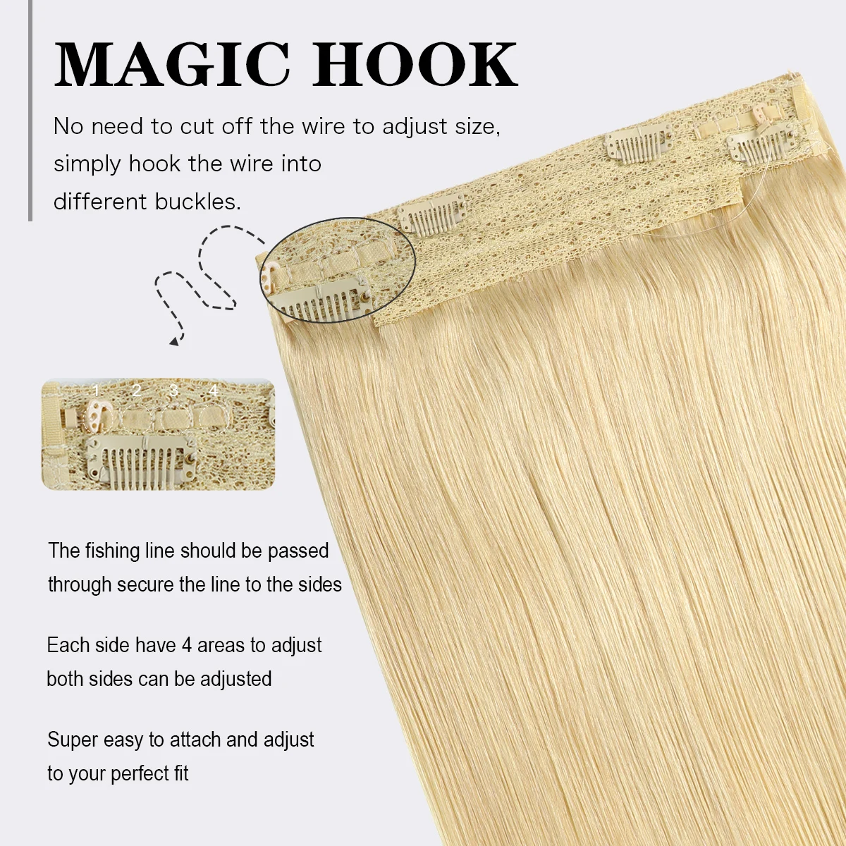 Invisible Wire Hair Extensions Real Human Hair 12-24Inch Blonde Color Transparent Fish Line Clip-Ins Hair Piece 100% Remy Huma - view 2