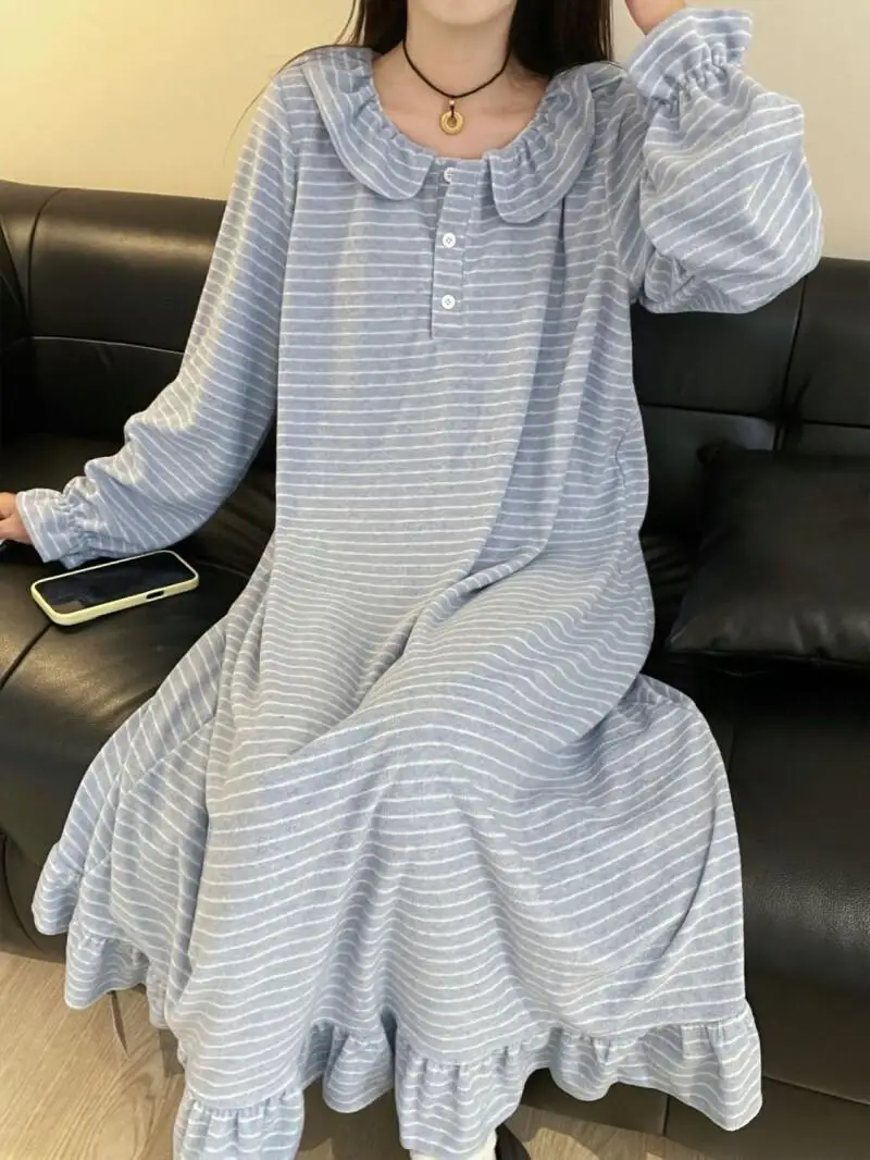 autumn winter Women's pajamas fleece-lined keep warm minimalist stripe Sleepwear leisure long style nightdress girl homewear