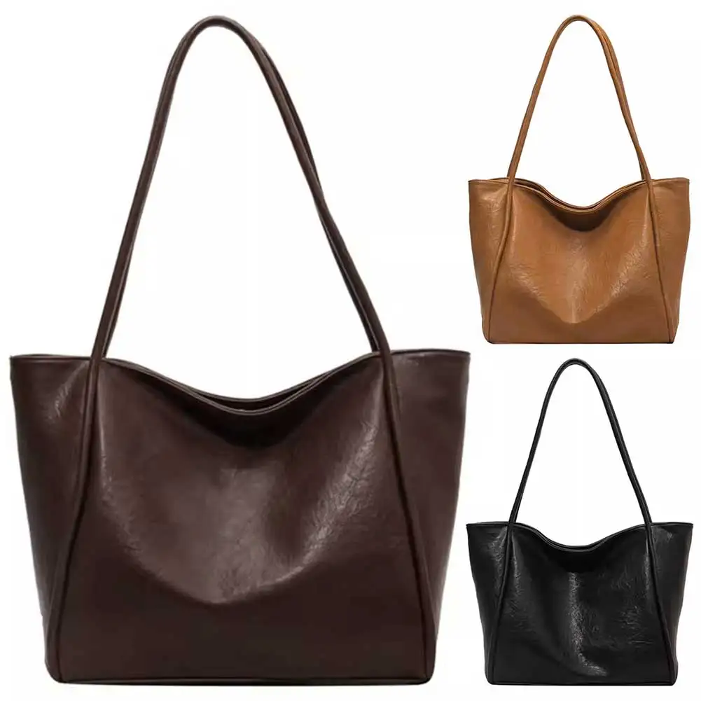 Bolso de mano de PU suave para mujer, bolsa de mano de gran capacidad, bolsa de compras Simple, bolsa de comestibles diaria de Color sólido para ir de compras