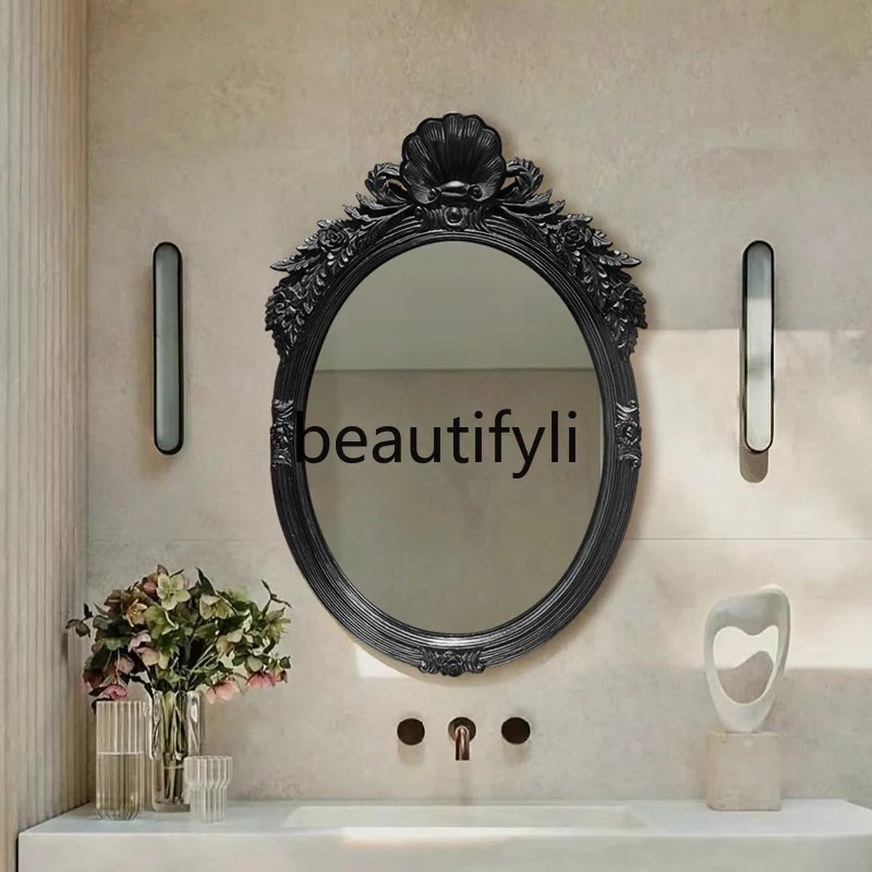 

French Carved Bathroom Mirror Vintage Wall-Mounted Washstand Mirror Irregular European Style Bathroom Mirror