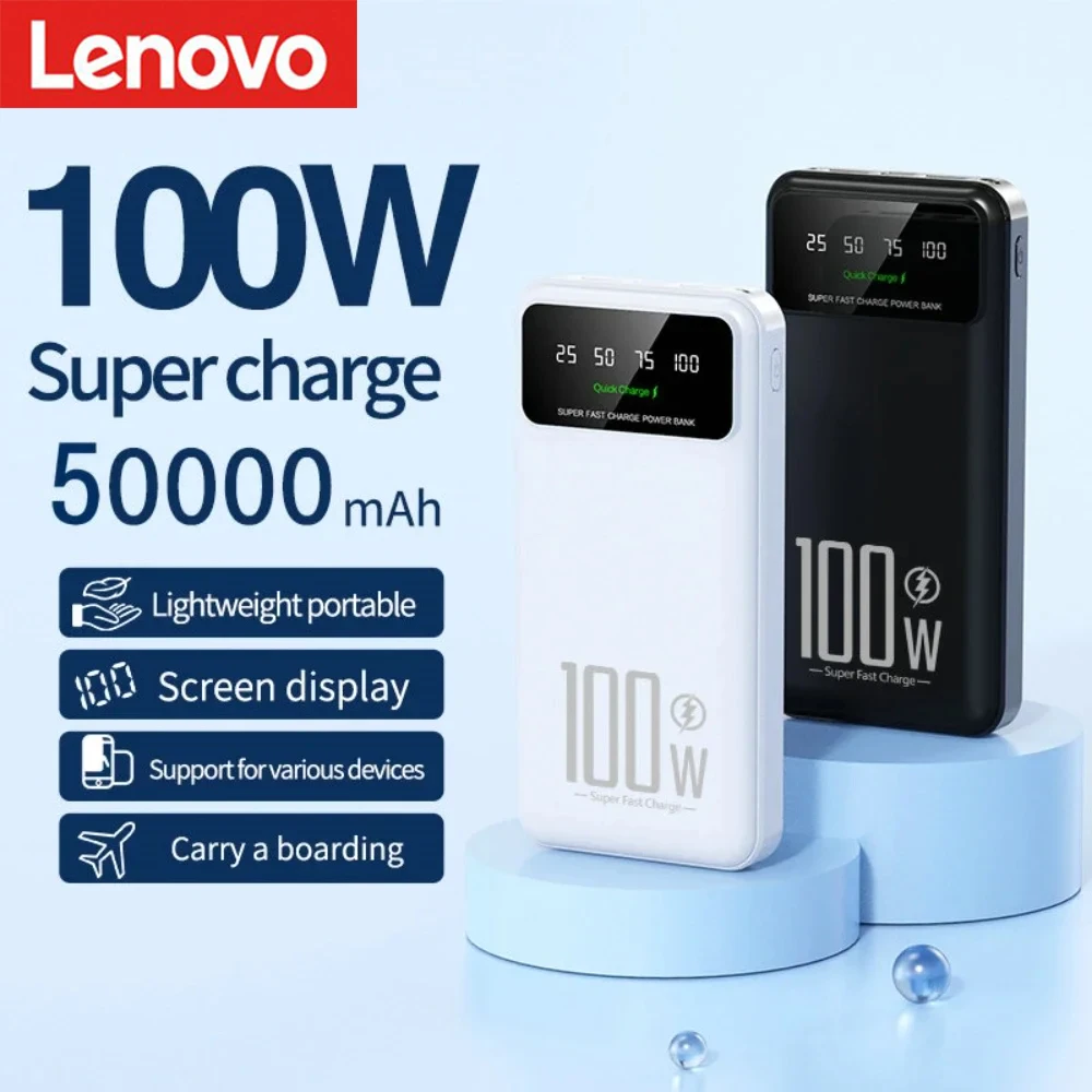 

Lenovo 50000mAh High Capacity 100W Fast Charging Power Bank Portable Charger Battery Pack Powerbank for iPhone Huawei Samsung