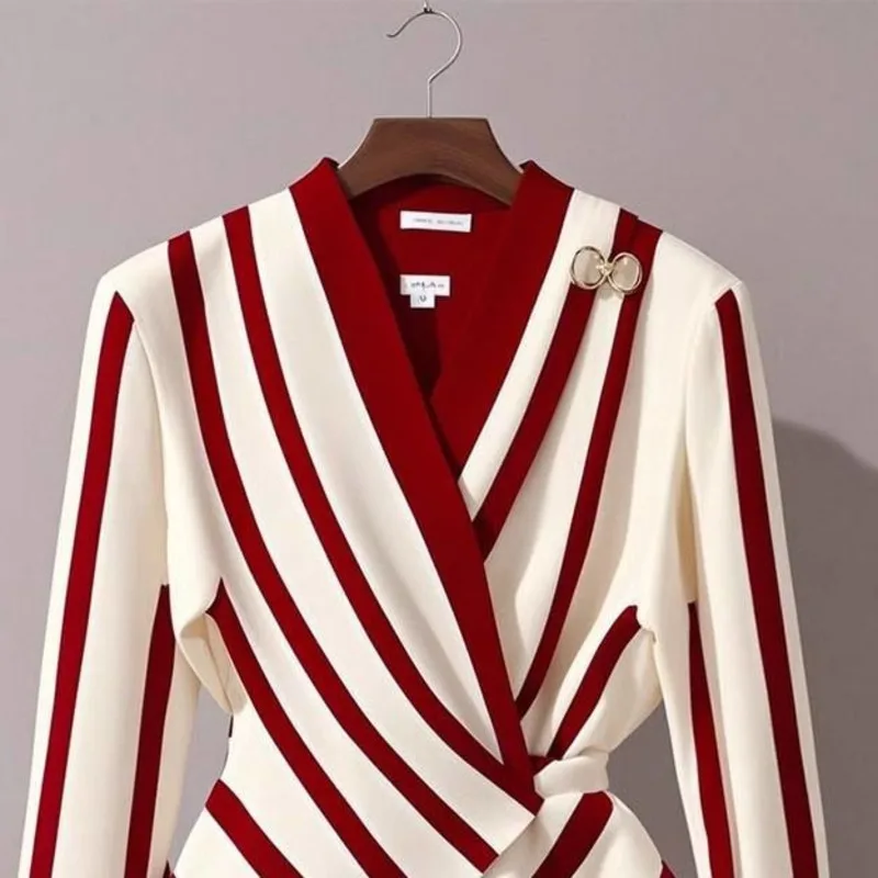 Elegant Red And White Striped Irregular Shirt Fitted Long-Sleeved Women's Blouse With Ties Fashion Autumn-Winter Commuter Tops