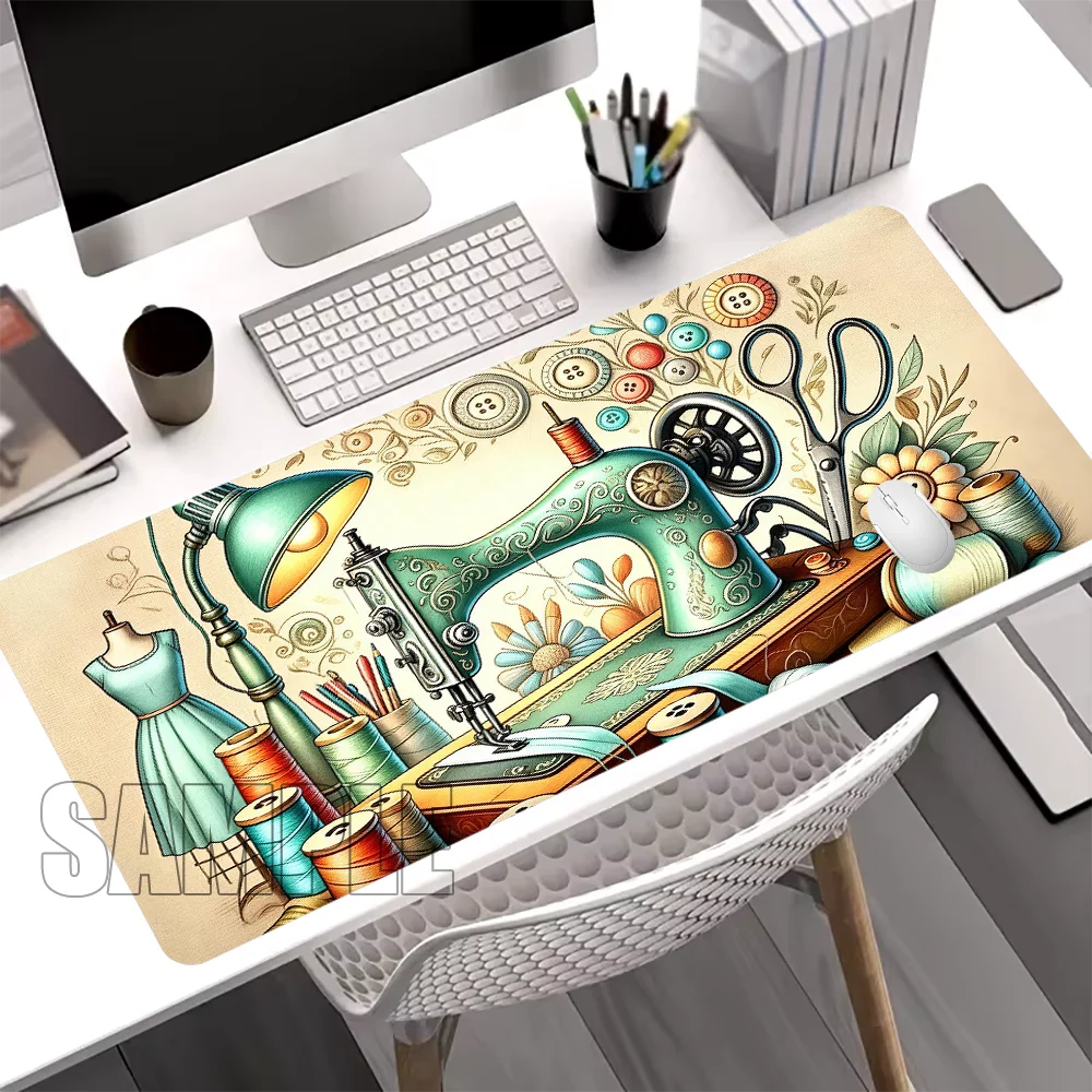 Retro Sewing Machine Green Mouse Pad XXL Stitched Edge Non‑slip Rubber 900x400 Desk Mat for PC Laptop Gaming Office Mousepad