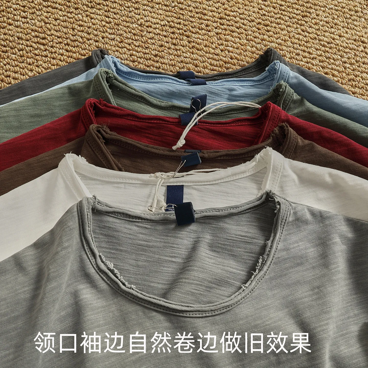 Summer New American Retro Breathable Slub Cotton Rolled-edge Round Neck Short-sleeved T-shirt Men's Simple Fashion Casual Tops