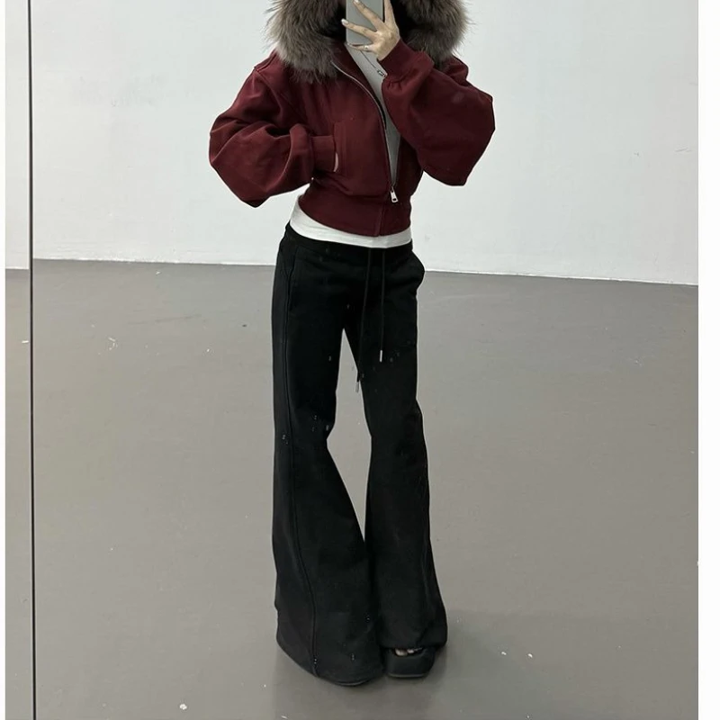 

American Retro Red Hooded Fur Collar Short Sweater Coat Autumn and Winter Women's Coat