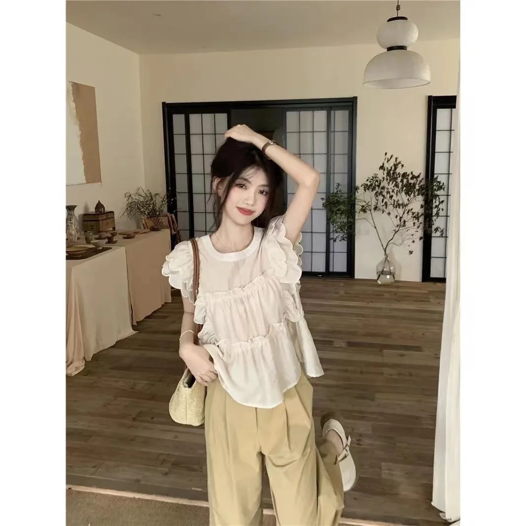 Sweet Doll Sle Loose Fit ronde ne blouse dames zomerirt met fly-sve ort-sve-top voor jonge professionals