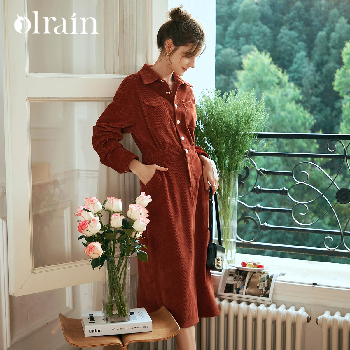 OLrain Vintage Red Dress 2025 New Early Spring Long Sleeve Corduroy Women's Dress Turn-Down Collar Fitted waist Dress O24CL88298