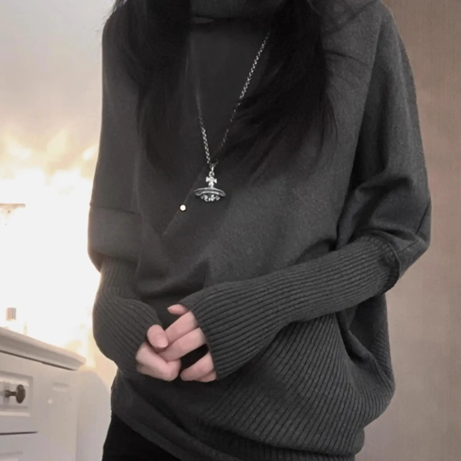 

Вязаный свитер с воротником, готический японский пуловер, женский элегантный Y2k, винтажный черный топ в стиле Харадзюку, женские субкультурные топы с длинными рукавами