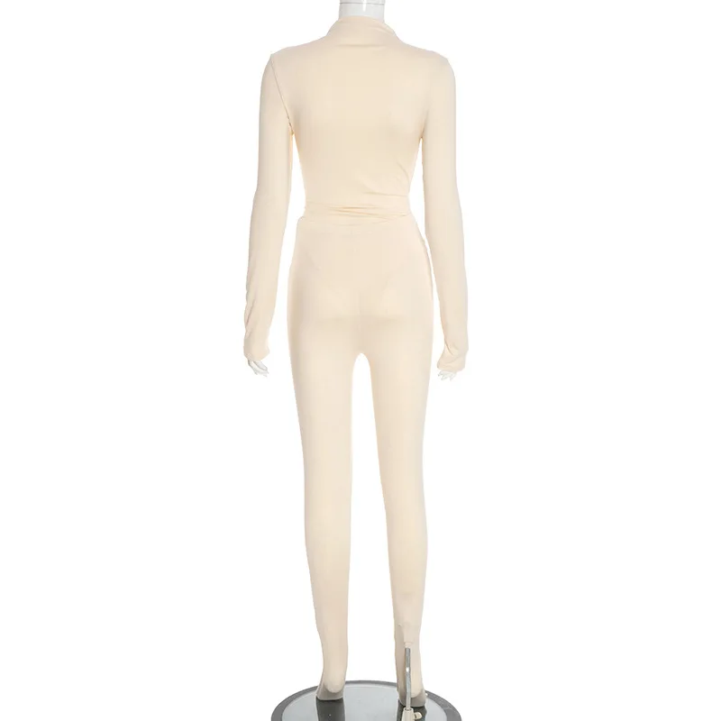Damen Slim Fitness 2-teiliges Set Trainingsanzüge Rollkragen Langarm Bodys Tops + Leggings mit Fuß Hosen Mode Freizeitanzüge