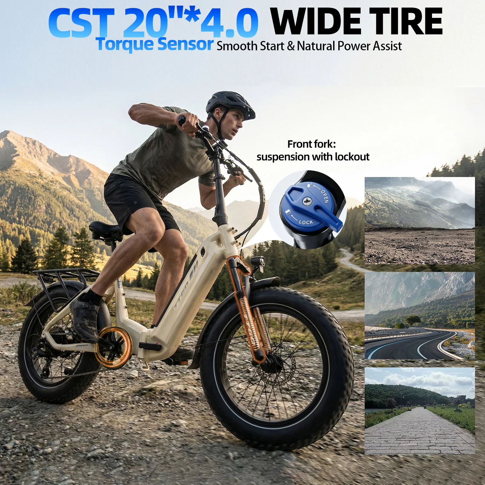 Elektrofahrrad für Erwachsene 48V 18AH mit herausnehmbarem Akku, Elektro-Mountainbike 250W 70NM Drehmomentsensor, 20" x 4.0 CST Fat Tire, 7-Gang-Federgabel mit Verriegelung, F6 Boost Weißes