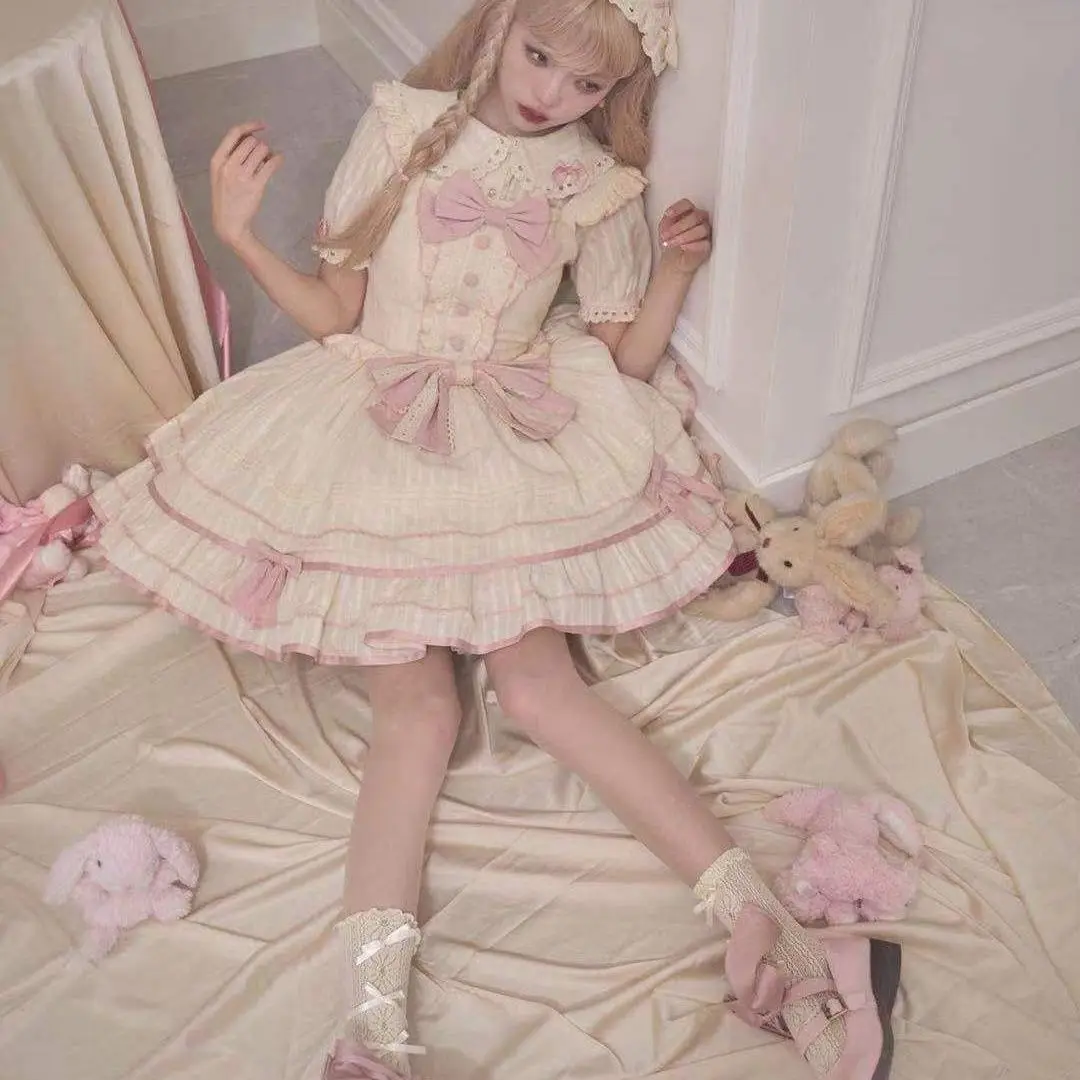 ฤดูร้อนญี่ปุ่นหวาน Lolita เสื้อผู้หญิง Peter Pan ปลอกคอเสื้อพัฟแขนสั้นเสื้อลําลองน่ารัก Kawaii สาว