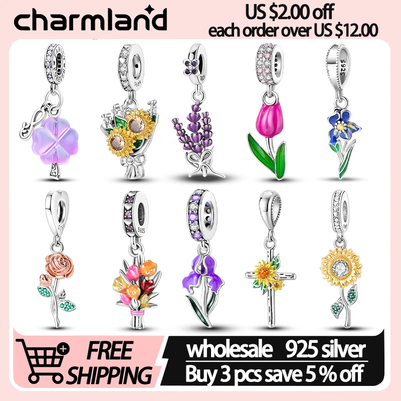 

925 Sterling Silver Flower Charms Fits Original Bracelet Sunflower Lavender Lris Charms For Women Jewelry DIY Making