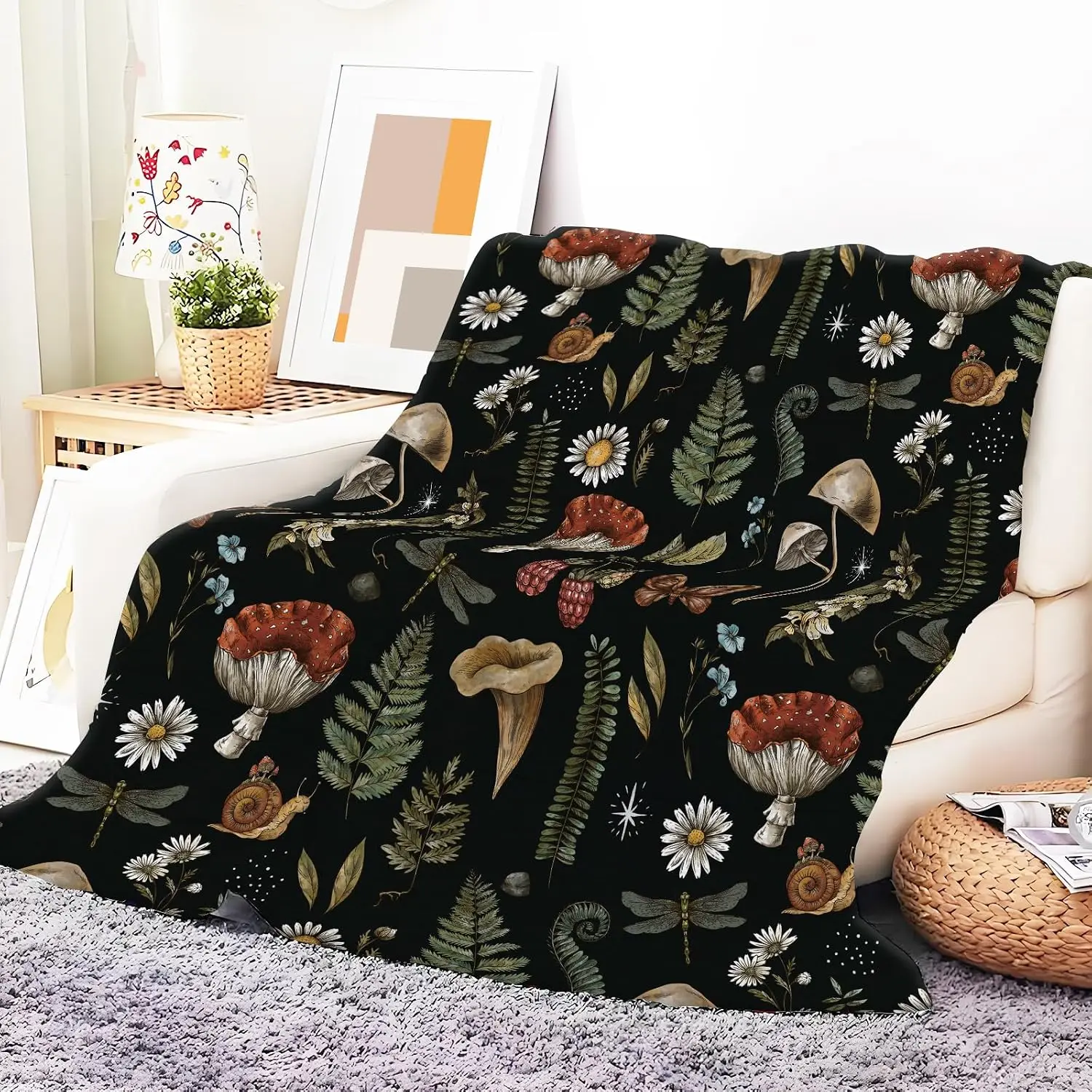 Dark Botanical Vintage Mushroom Dragonfly Snail Floral Art Pattern Flannel Blanket Indoor Outdoor Natural Gothic Warm Home Gift