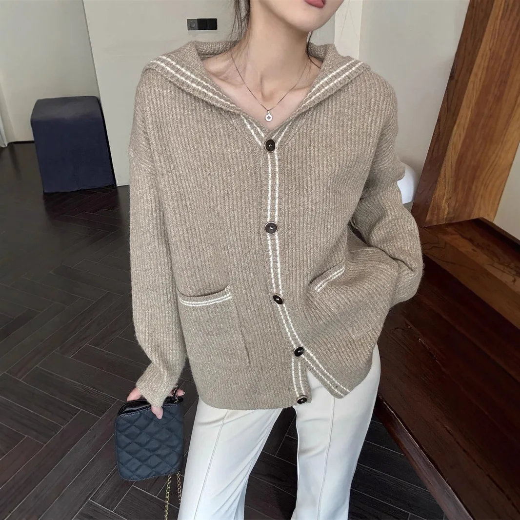 

Knitted Cardigan Sweaters Women Jumpers Color Blocked Pocket Sailor Collar Long Sleeve Single Breasted Casual 2025 Autumn Winter