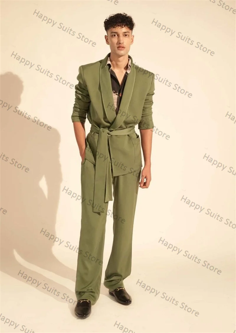 

Fashion Green Men Suit 2 Piece Blazer+Pants With Belt Formal Office Jacket Coat Wedding Groom Tuxedo Customized Prom Trousers