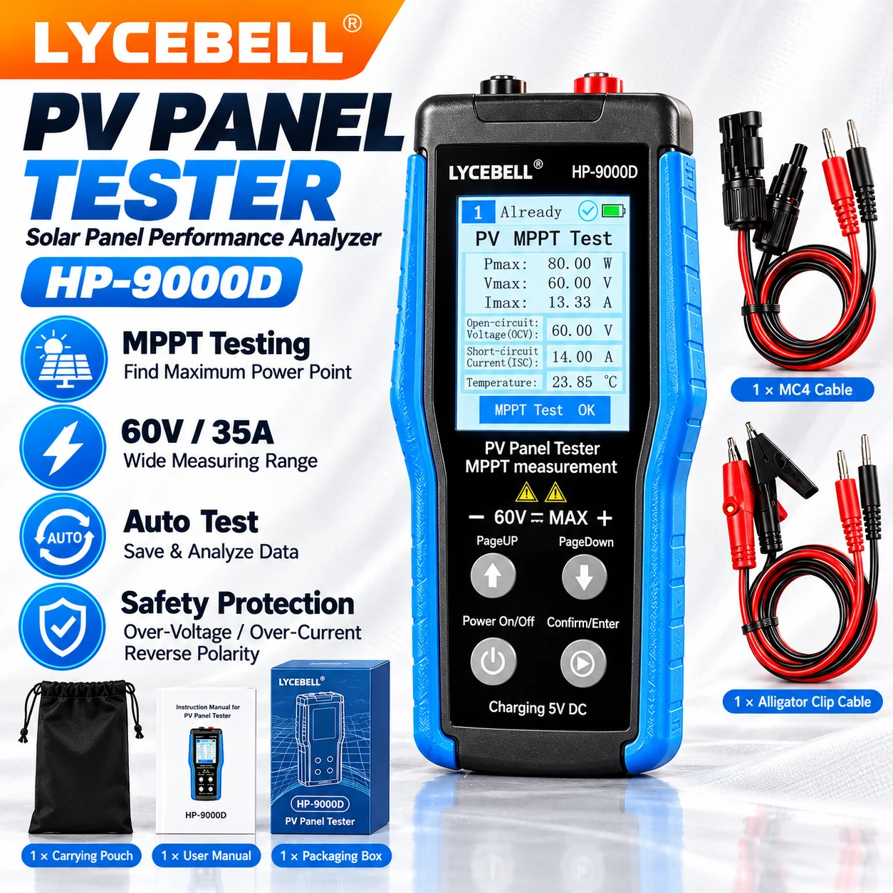 HoldPeak Solar Panel Tester 9000D, 800W MPPT Power Meter, 2.8