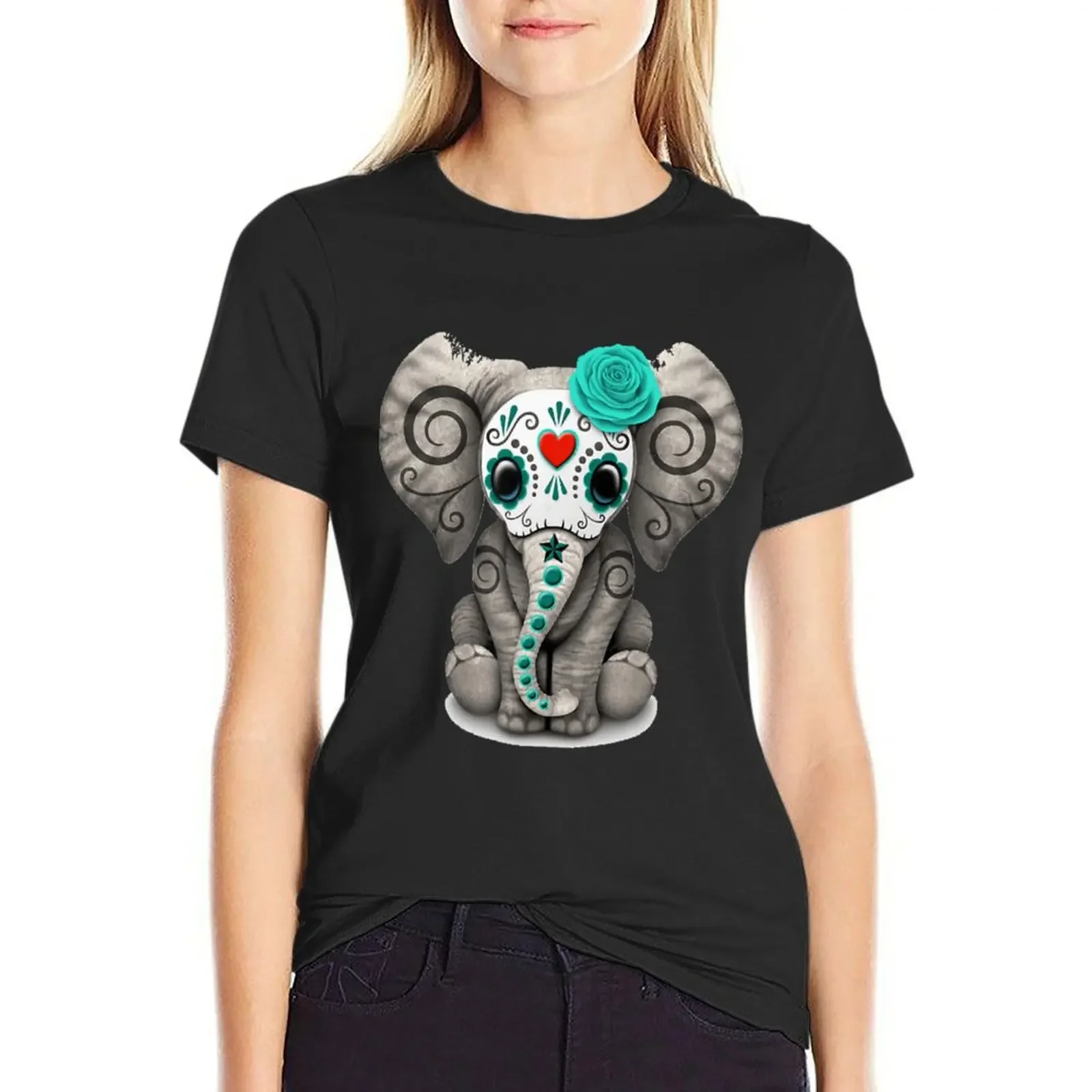 Sugar Skull Elephant Day Of The Dead Halloween T-Shirt tops summer top cute clothes ariat shirts for Women