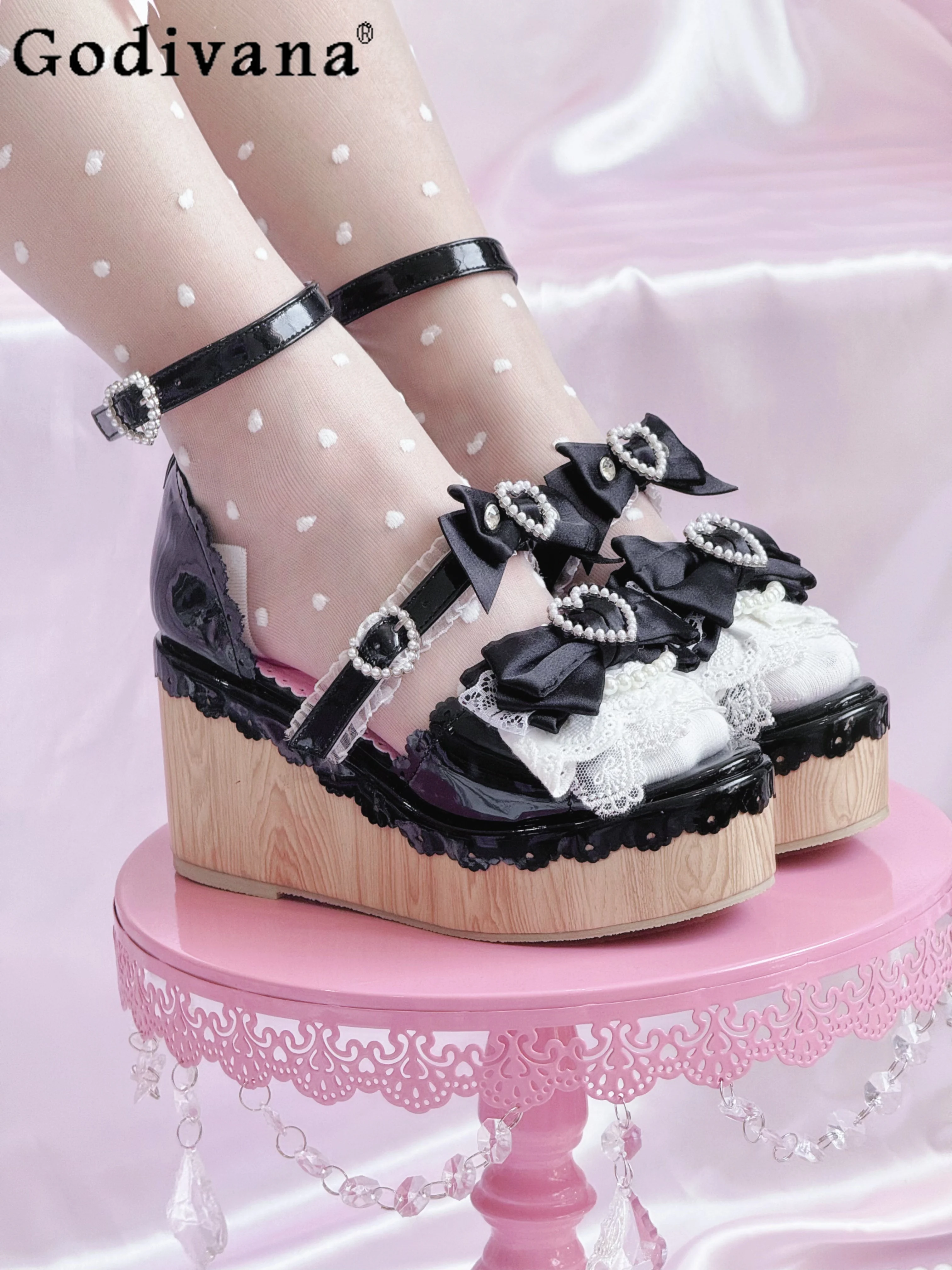 

Vintage Lady Japanese Original Lolita Wedge Open-Toe Sandals Y2K Subculture Bowknot Rhinestone High Heel Sandals